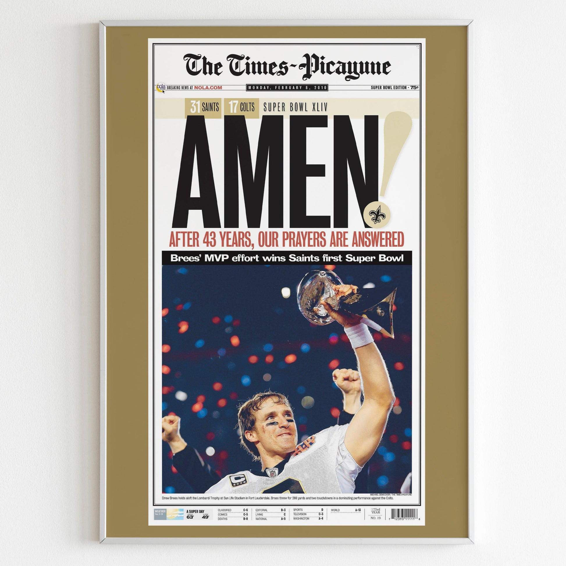 New Orleans Saints 2010 Super Bowl NFL Champions Front Cover The Times Picayune Newspaper Poster, Football Team Print, Front Page Poster
