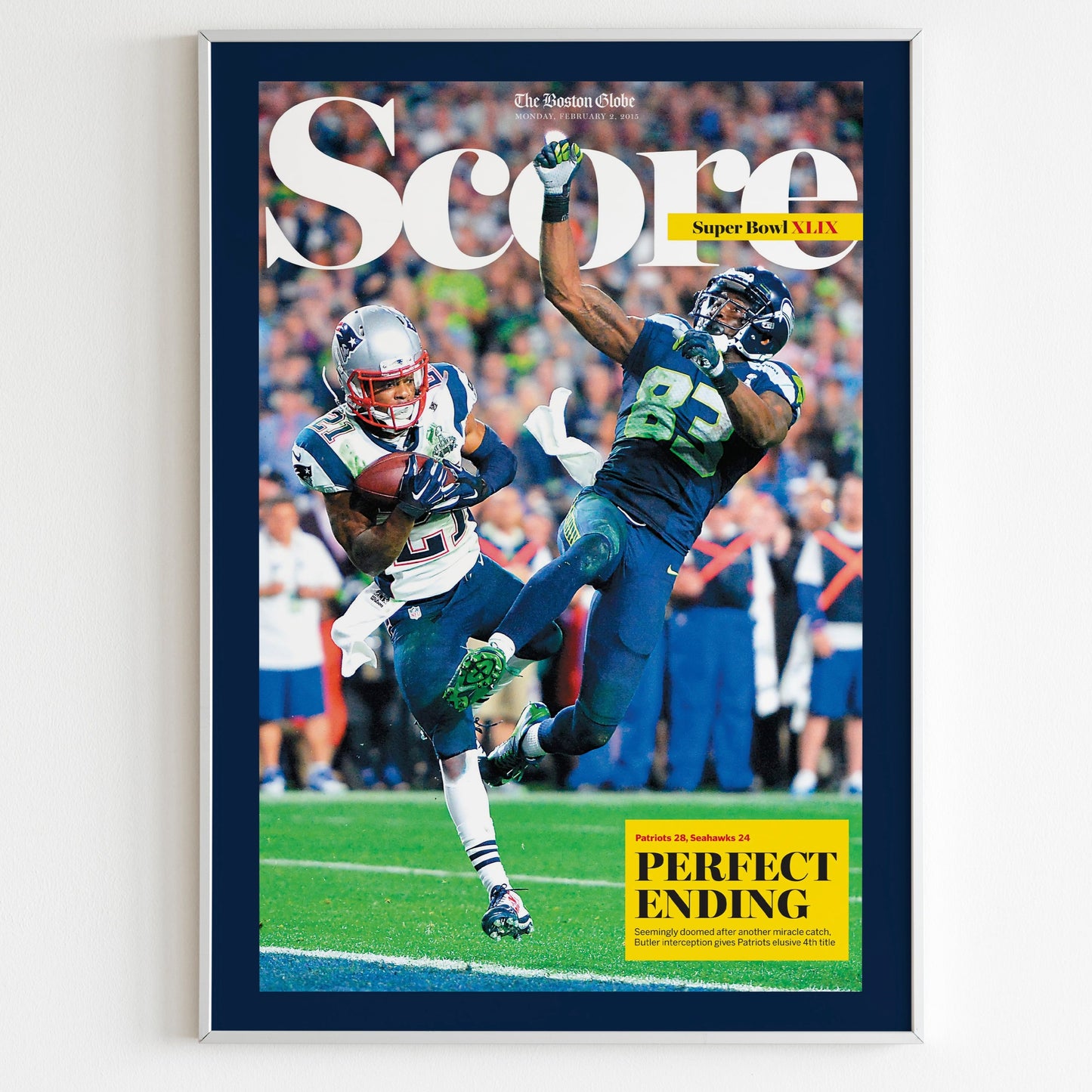 New England Patriots 2015 Super Bowl NFL Champions Front Cover The Boston Globe Newspaper Poster, Football Team Print, Magazine Page Poster