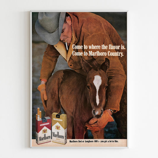 Marlboro Advertising Poster, Cowboy Horse 80s Style Print, Cigarettes Collection Ad Wall Art, Retro Magazine Vintage Design Advertisement