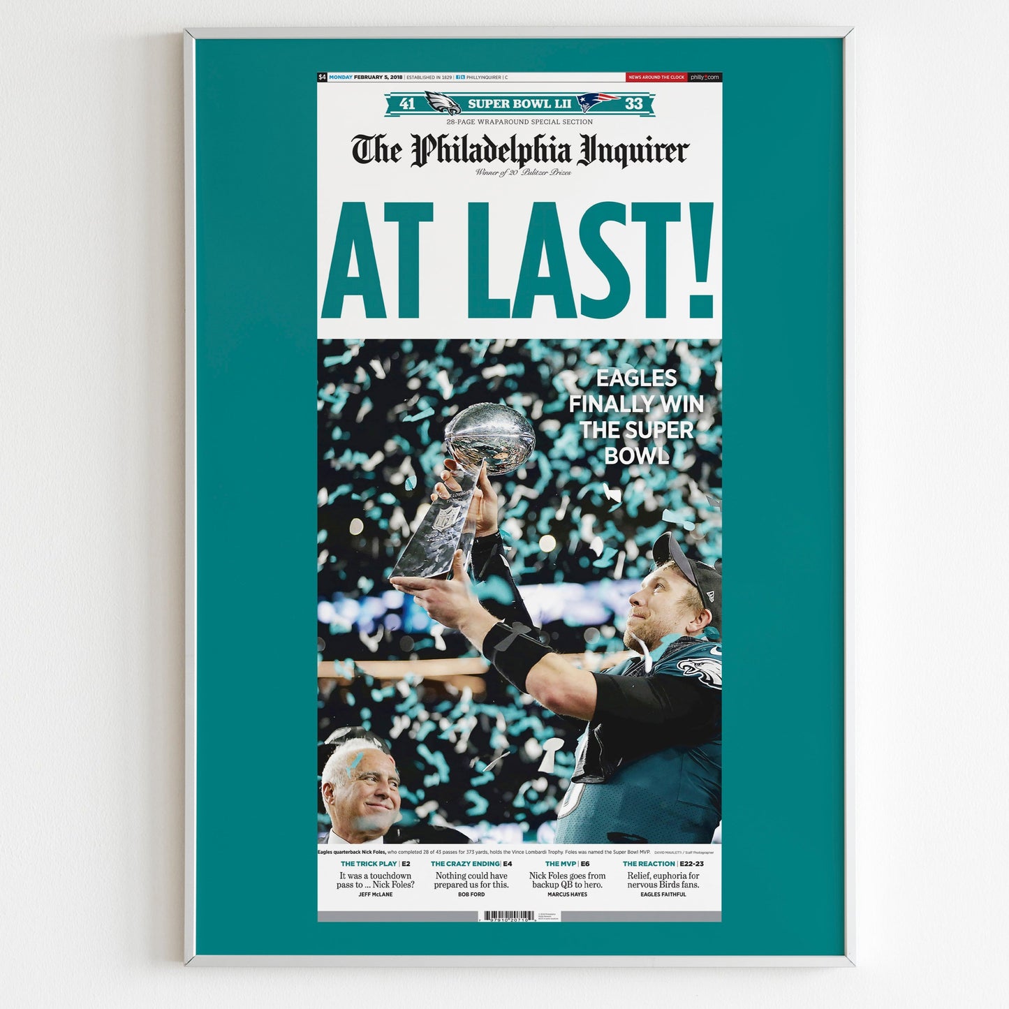 Philadelphia Eagles 2018 Super Bowl NFL Champions Front Cover The Philadelphia Inquirer Newspaper Poster, Football Team Magazine Page Print