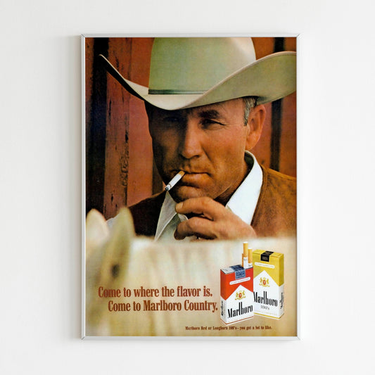 Marlboro Advertising Poster, Cigarettes Collection Ad Wall Art, Retro Magazine Vintage Design Advertisement, Marlboro Cowboy 80s Style Print