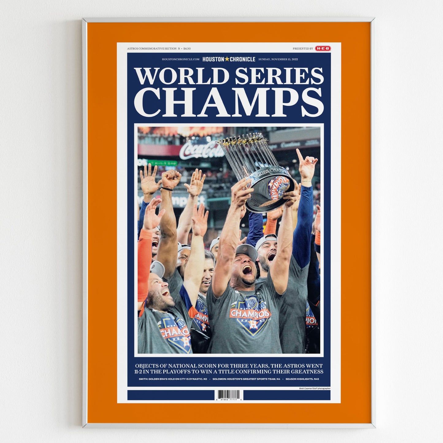 Houston Astros 2022 World Series MLB Champions Front Cover Houston Chronicle Newspaper Poster, Baseball Team Print, Minimalistic Wall Poster