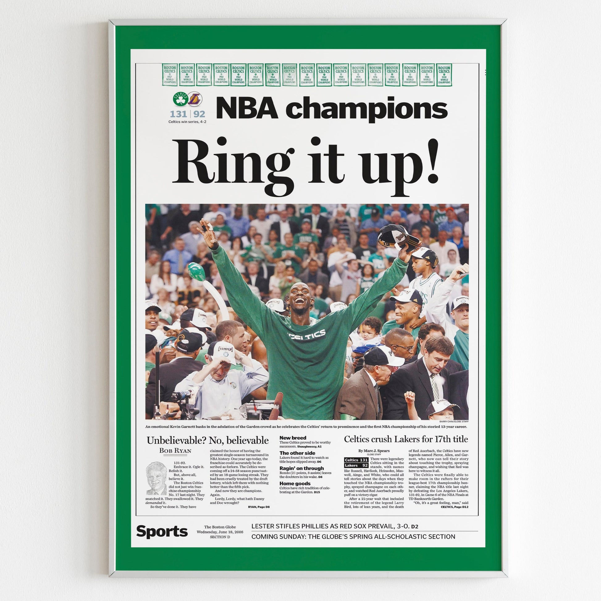Boston Celtics 2008 NBA Champions Front Cover The Boston Globe Newspaper Poster, Basketball Print, "Ring It Up" Magazine Front Page