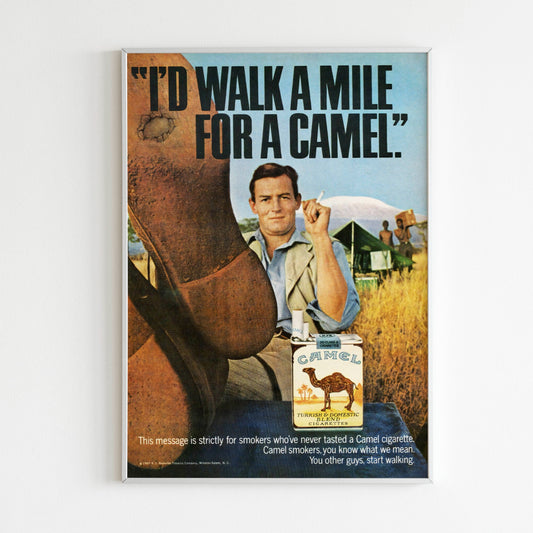 Camel "I'd Walk A Mile" Advertising Poster, Cigarettes 1967 Collection Ad Wall Art, Vintage Advertisement, 60s Style Print, Retro Magazine