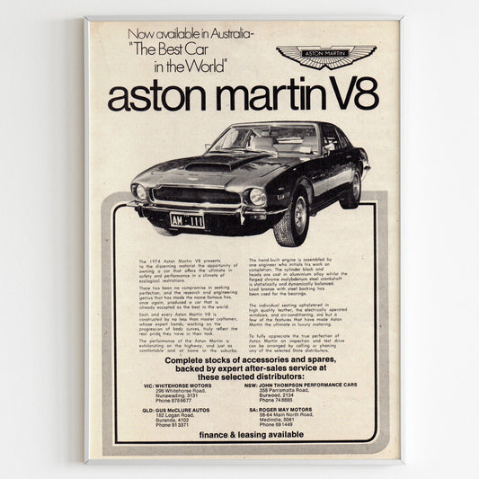 Aston Martin V8 Advertising Poster, 70s Style Print, Vintage Design, Racing Ad Wall Art, Magazine Retro Advertisement
