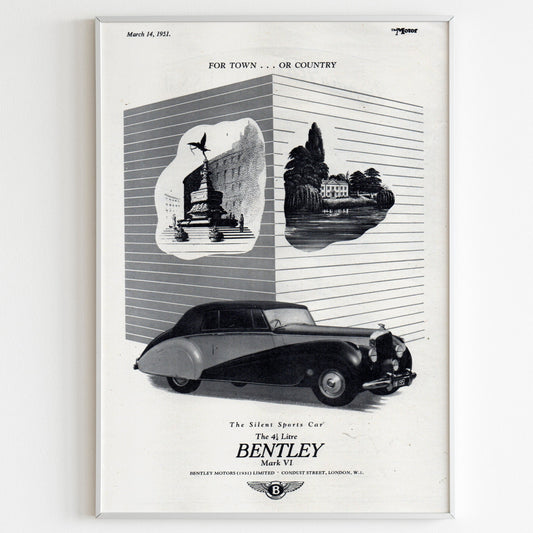 Bentley Mark VI "For Town or Country" 1951 Advertising Poster, 50s Style Print, Ad Wall Art, Magazine Retro Advertisement, Vintage Design black / white