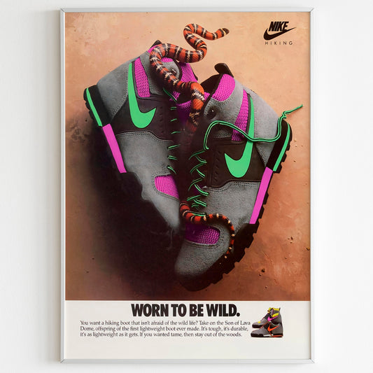 Nike Hiking "Worn To Be Wild" Advertising Poster, 90s Style Outdoor Shoes Print, Vintage Ad Wall Art, Magazine Retro Advertisement