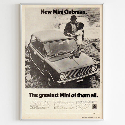 Mini Cooper Clubman 1971 Advertising Poster, 70s Auto Style Print, Vintage Design Poster, Racing Ad Wall Art, Magazine Retro Advertisement