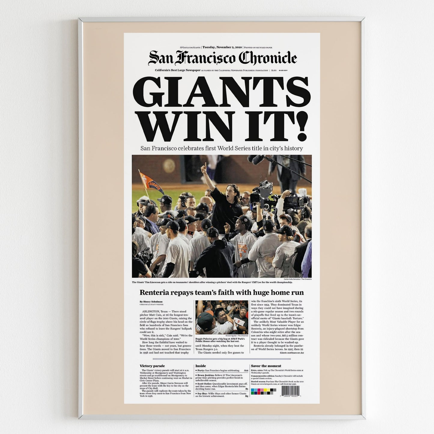 San Francisco Giants 2010 World Series MLB Champions Front Cover San Francisco Chronicle Newspaper Poster, Baseball Team Print, Wall Poster