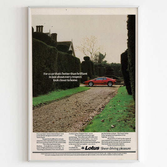 Lotus Advertising Poster, Sport Car 80s Style Print, Vintage Design, Racing Ad Wall Art, Magazine Retro Advertisement