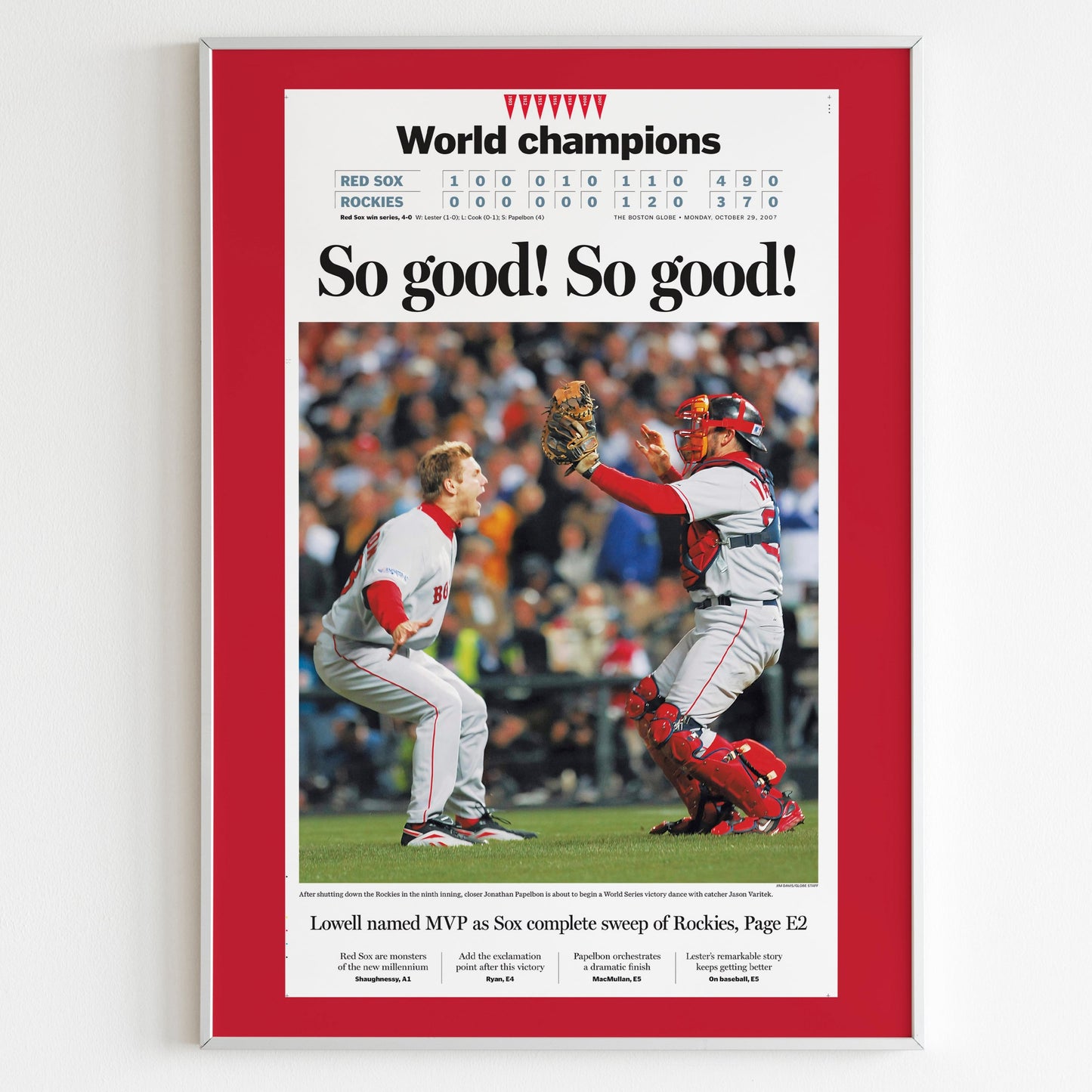 Boston Red Sox 2007 World Series MLB Champions Front Cover The Boston Globe Newspaper Poster, Baseball Team Print, Magazine Page Wall Poster