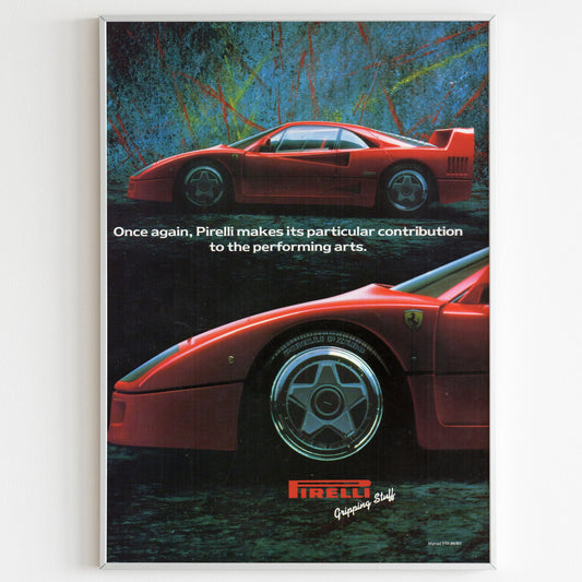 Ferrari Pirelli Advertising Poster, Sport Car 80s Style Print, Vintage Design, Racing Ad Wall Art, Magazine Retro Advertisement