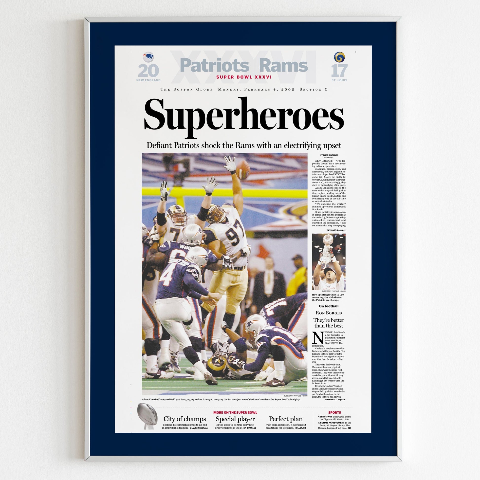New England Patriots 2002 Super Bowl NFL Champions Front Cover The Boston Globe Newspaper Poster, Football Team Print, Magazine Page Poster