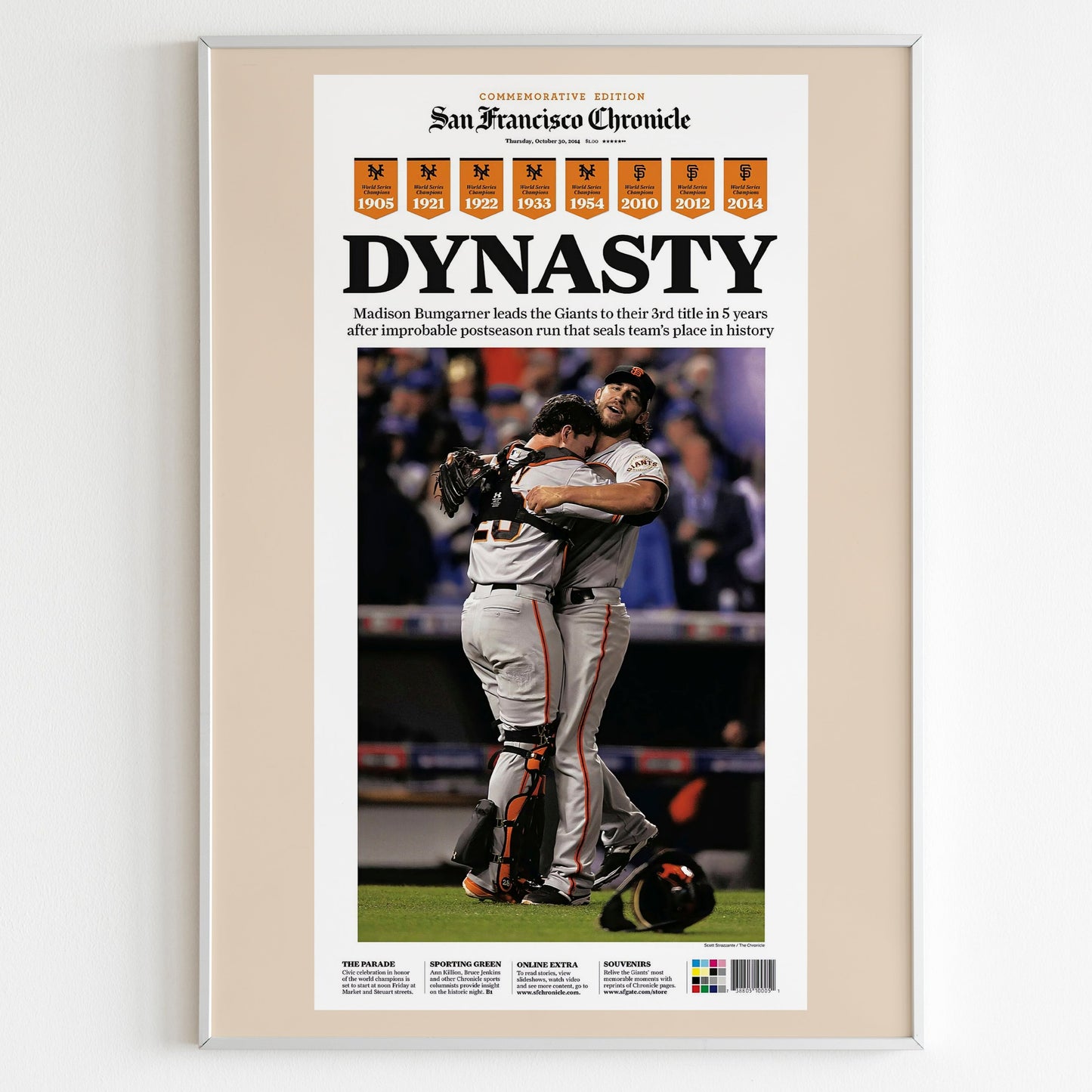 San Francisco Giants 2014 World Series MLB Champions Front Cover San Francisco Chronicle Newspaper Poster, Baseball Team Print, Wall Poster