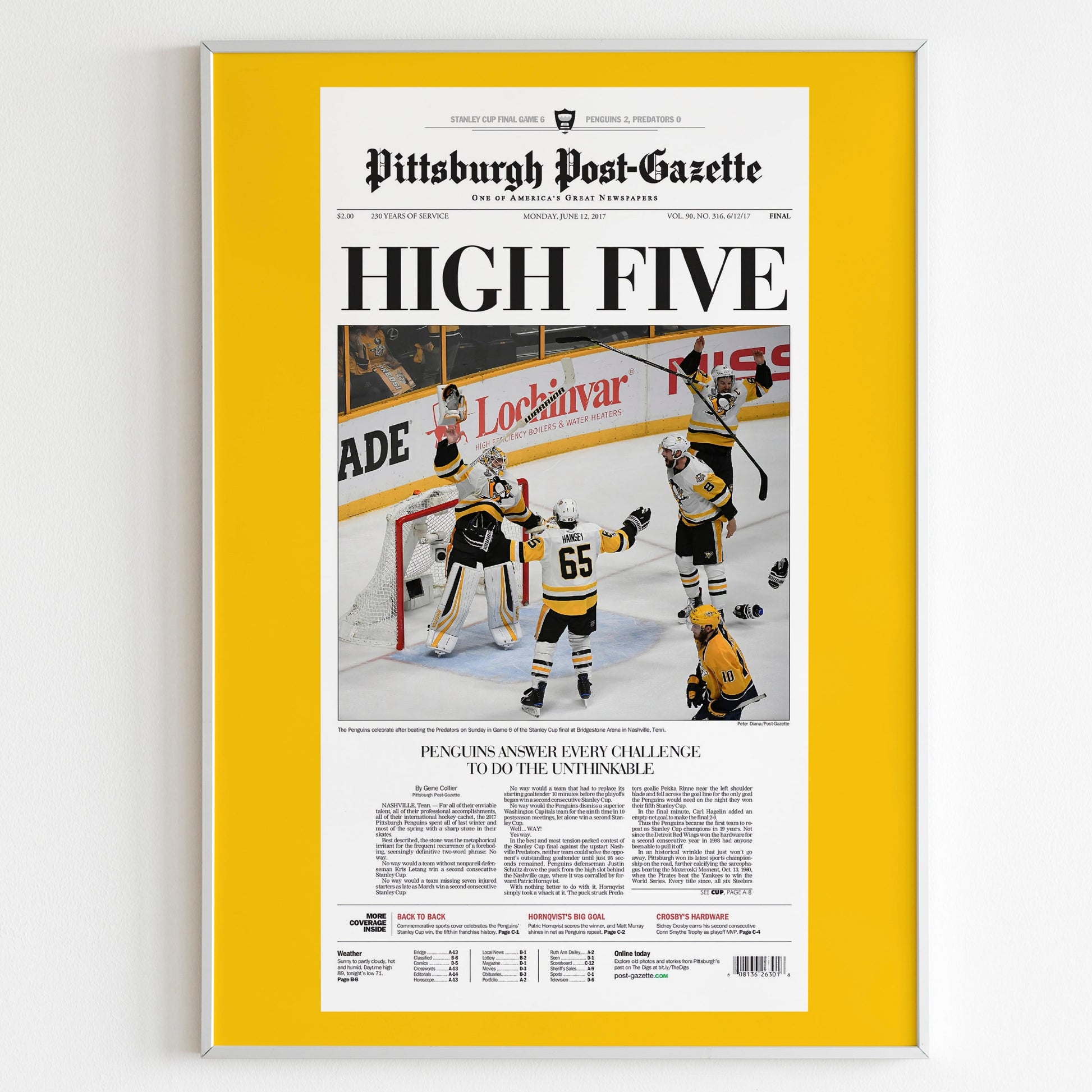 Pittsburgh Penguins 2017 NHL Stanley Cup Champions Front Cover Pittsburgh Post-Gazette Poster, Hockey Team Magazine, Newspaper Front Page