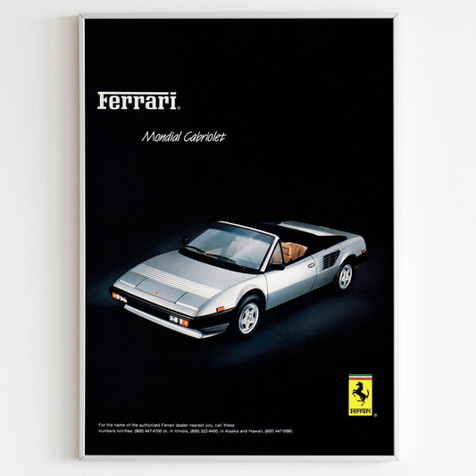 Ferrari Mondial Cabriolet Advertising Poster, Sport Car 90s Style Print, Vintage Design, Racing Ad Wall Art, Magazine Retro Advertisement