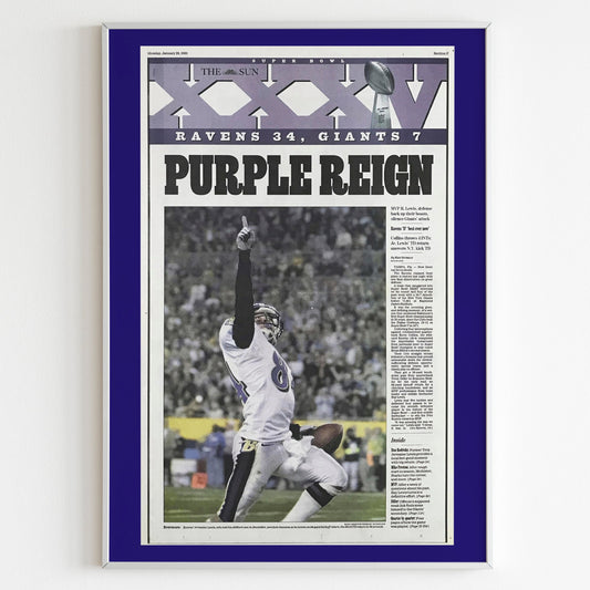 Baltimore Ravens 2001 Super Bowl NFL Champions Front Cover The Sun Newspaper Poster, Football Team Print, Front Page Poster