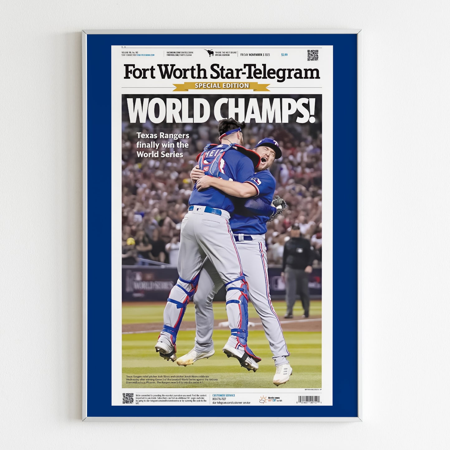 Texas Rangers 2023 World Series MLB Champions Front Cover Fort Worth Star-Telegram Newspaper Poster