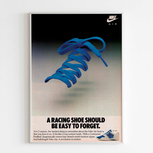 Nike "Air Sock" Poster Advertising, 90s Style Shoes Print, Vintage Running Ad Wall Art, Magazine Retro Advertisement "A Racing Shoe Should Be Easy To Forget"