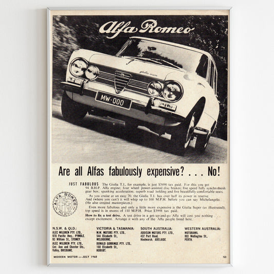 Alfa Romeo Gulia Advertising Poster, 80s Style Print, Racing Ad Wall Art, Vintage Design, Magazine Retro 