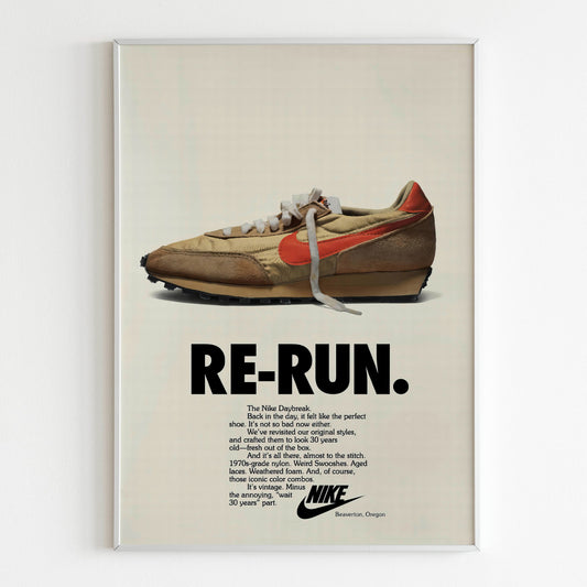 Nike "Re-Run" Advertising Poster, 90s Style Shoes Print, Vintage Running Ad Wall Art, Magazine Retro Advertisement