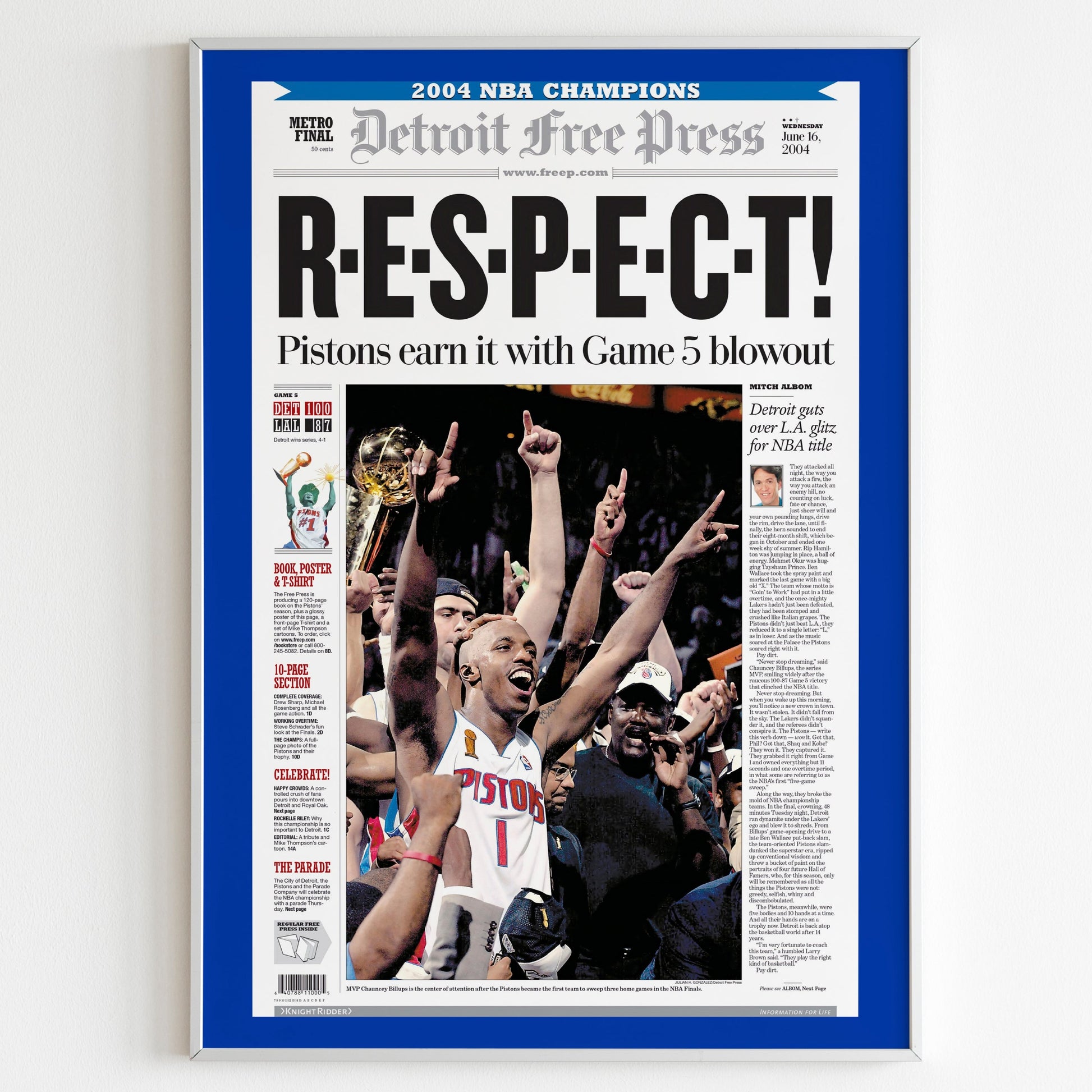 Detroit Pistons 2004 NBA Champions Front Cover Detroit Free Press Newspaper Poster, Basketball Print, Magazine Front Page
