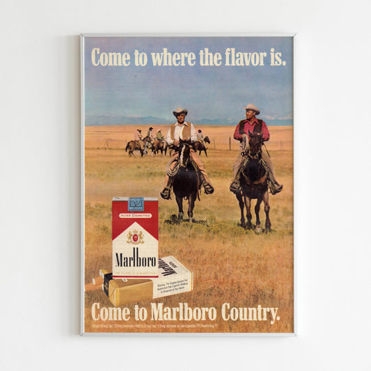 Marlboro Advertising Poster, Retro Magazine Vintage Design Advertisement, Cowboy Horse 80s Style Print, Cigarettes Collection Ad Wall Art