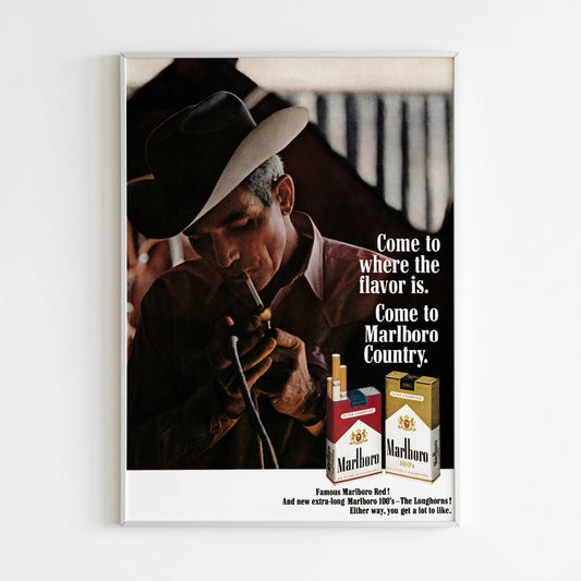 Marlboro Advertising Poster, Retro Magazine Vintage Design Advertisement, Cigarettes Collection Ad Wall Art, Marlboro Cowboy 80s Style Print
