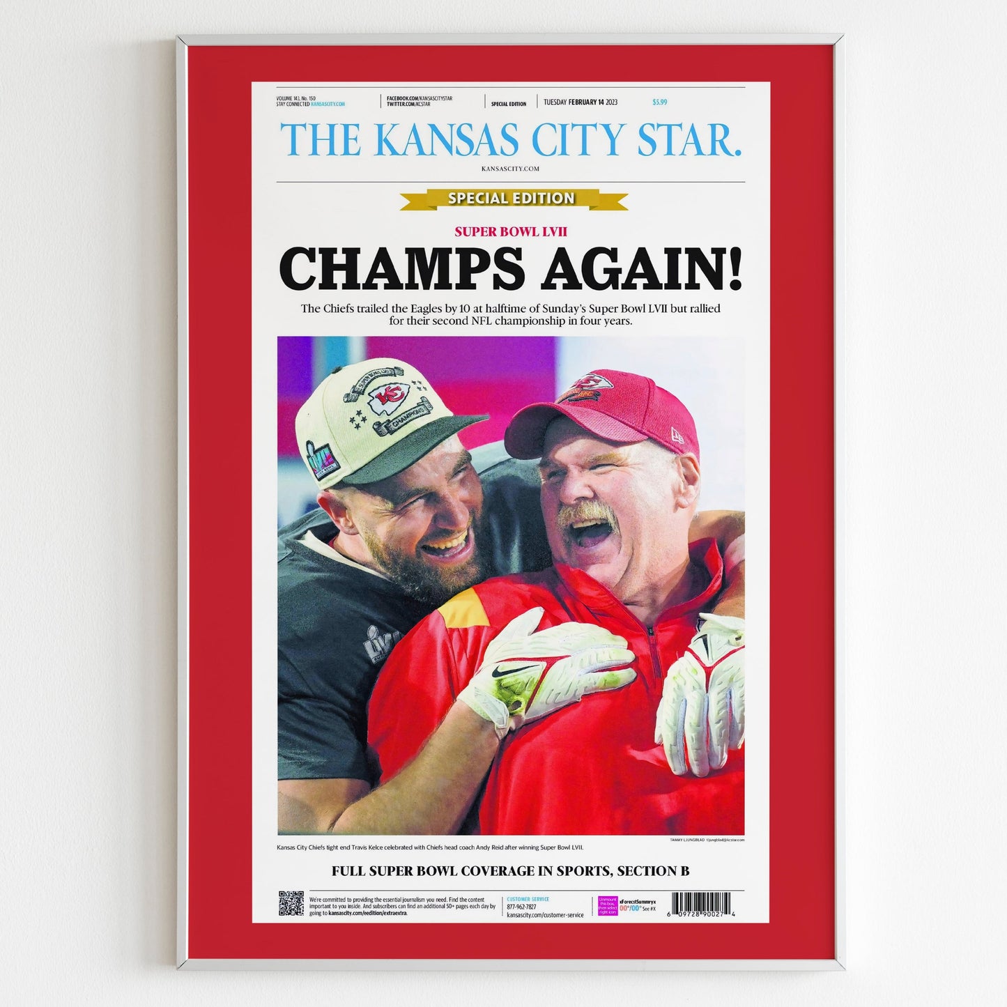 Kansas City Chiefs 2023 Super Bowl NFL Champions Front Cover The Kansas City Star Newspaper Poster, Football Team Front Page Print
