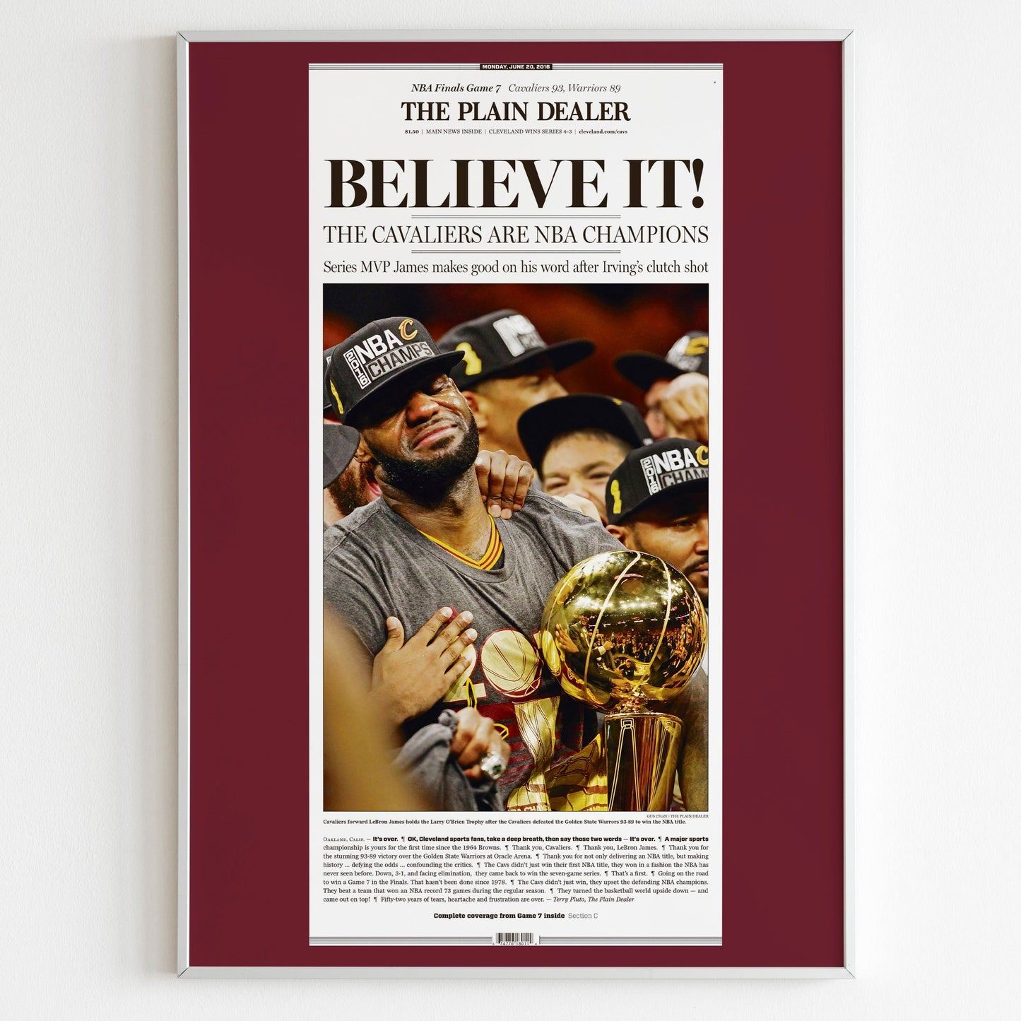Cleveland Cavaliers 2016 NBA Champions Front Cover The Plain Dealer Newspaper Poster, Cavs Basketball Print, Magazine Front Page