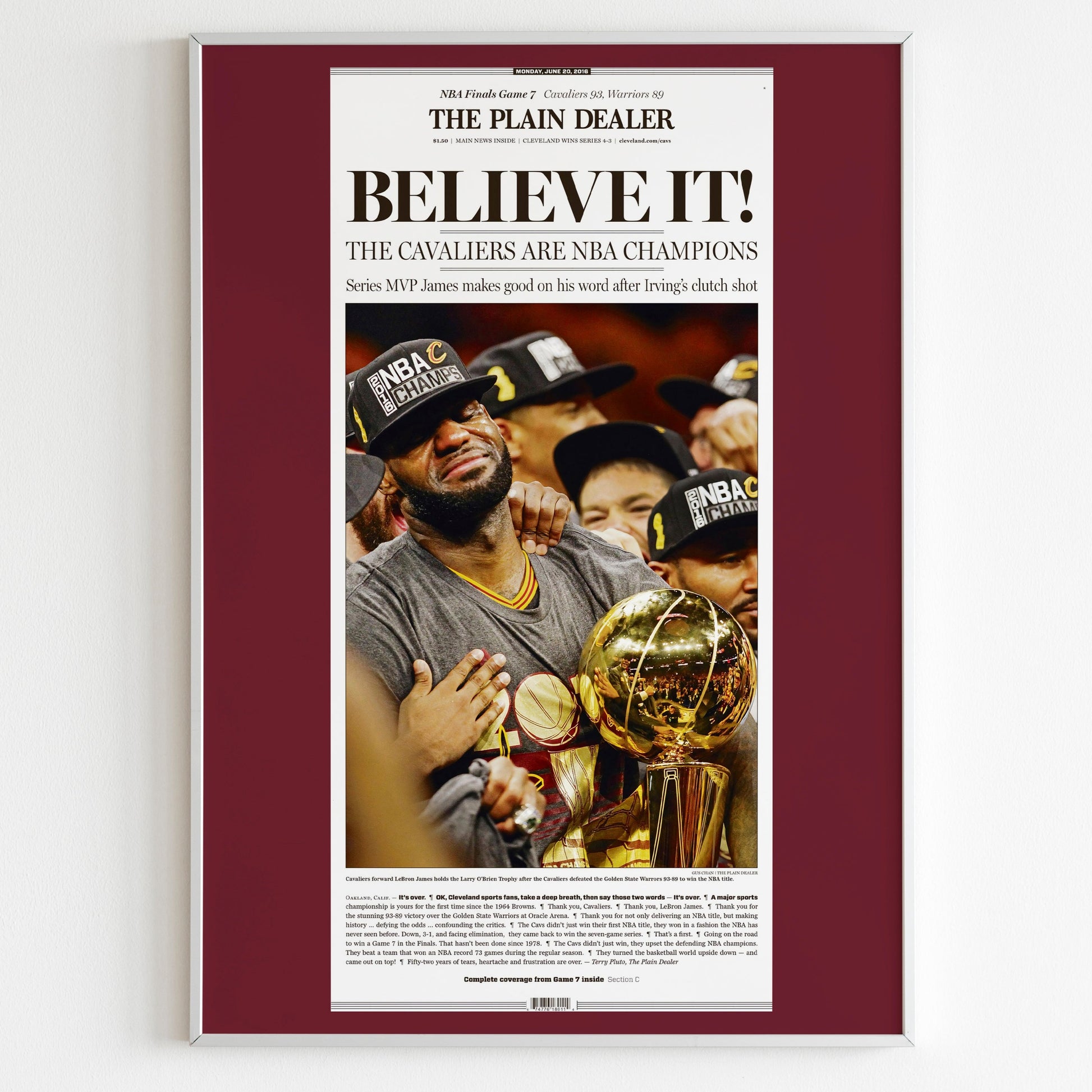 Cleveland Cavaliers 2016 NBA Champions Front Cover The Plain Dealer Newspaper Poster, Cavs Basketball Print, Magazine Front Page