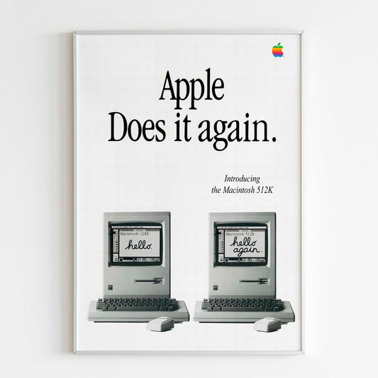 Apple Advertising Poster, 80s Retro Style Print, Vintage Design Wall Art, Magazine Retro Advertisement Does it again Macintosh 512 K