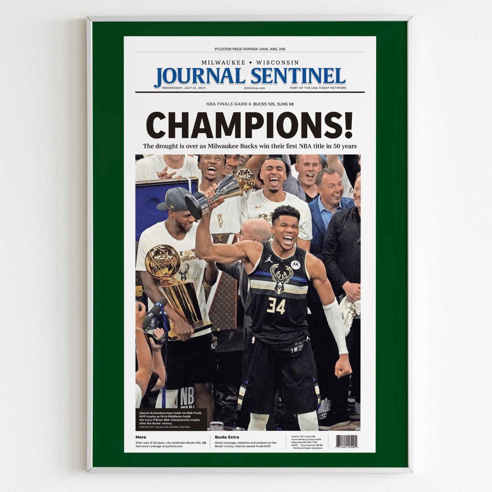 Milwaukee Bucks 2021 NBA Champions Front Cover Journal Sentinel Newspaper Poster, Basketball Print, Magazine Front Page