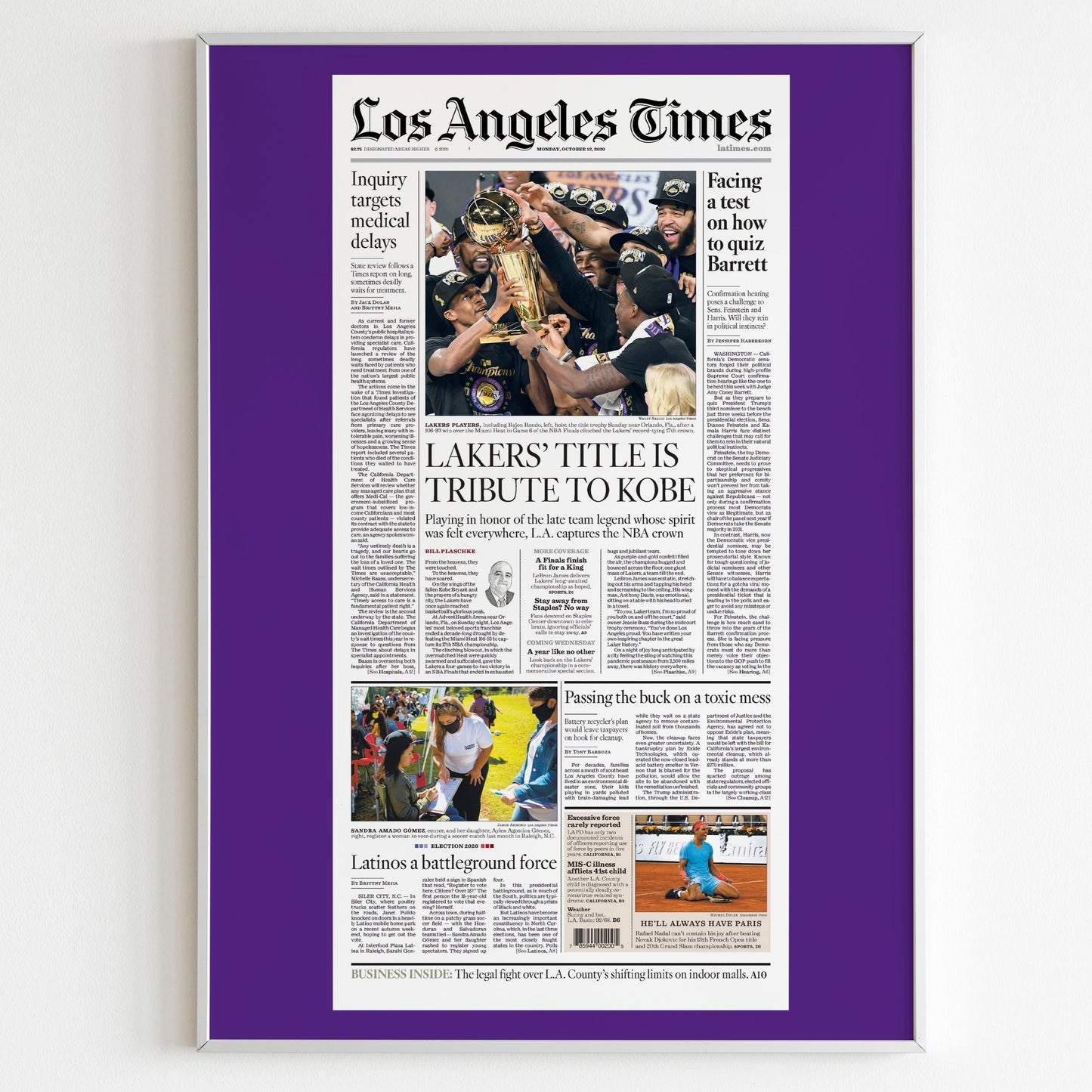 Los Angeles Lakers 2020 NBA Champions Front Cover Los Angeles Times Newspaper Poster, Basketball Print, Magazine Front Page