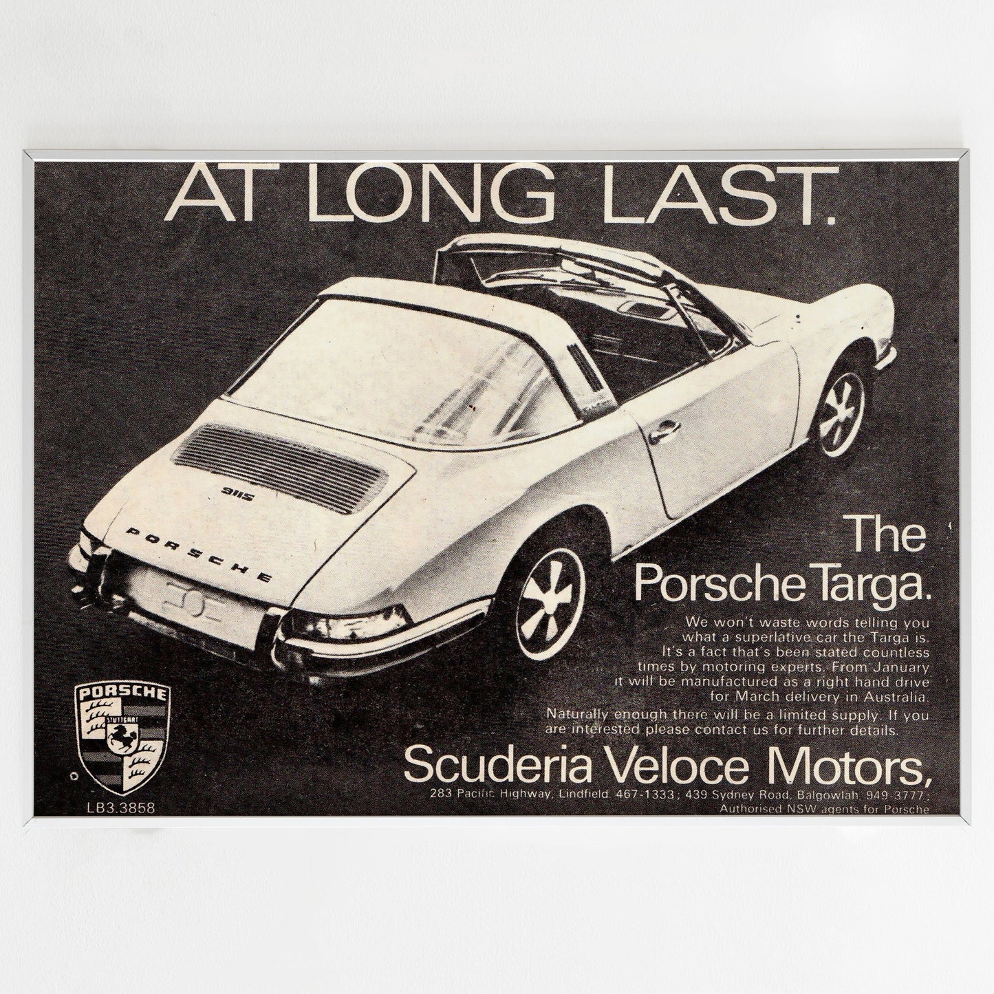 Porsche 911S Targa Advertising Poster, Sport Car 70s Style Print, Vintage Design, Racing Ad Wall Art, Magazine Retro Advertisement