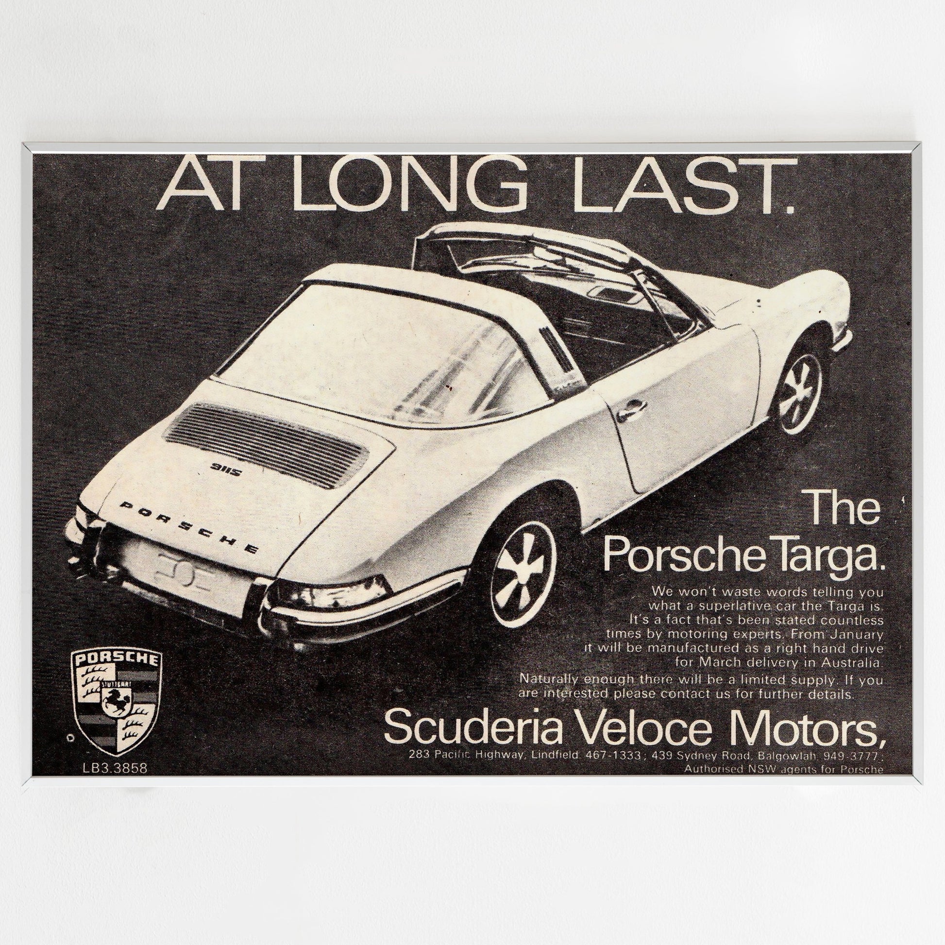 Porsche 911S Targa Advertising Poster, Sport Car 70s Style Print, Vintage Design, Racing Ad Wall Art, Magazine Retro Advertisement