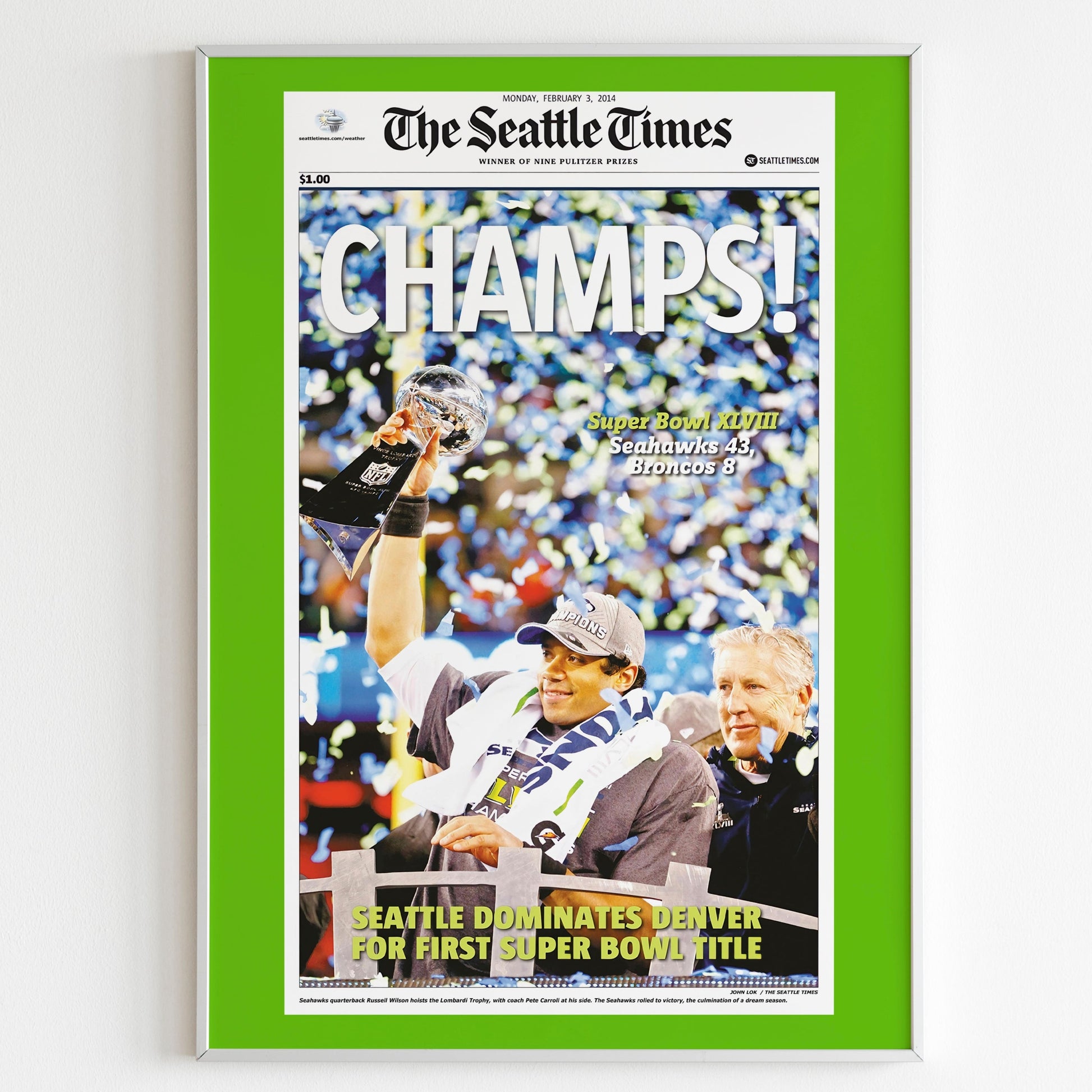 Seattle Seahawks 2014 Super Bowl NFL Champions Front Cover The Seattle Times Newspaper Poster, Football Team Print, Front Page Poster