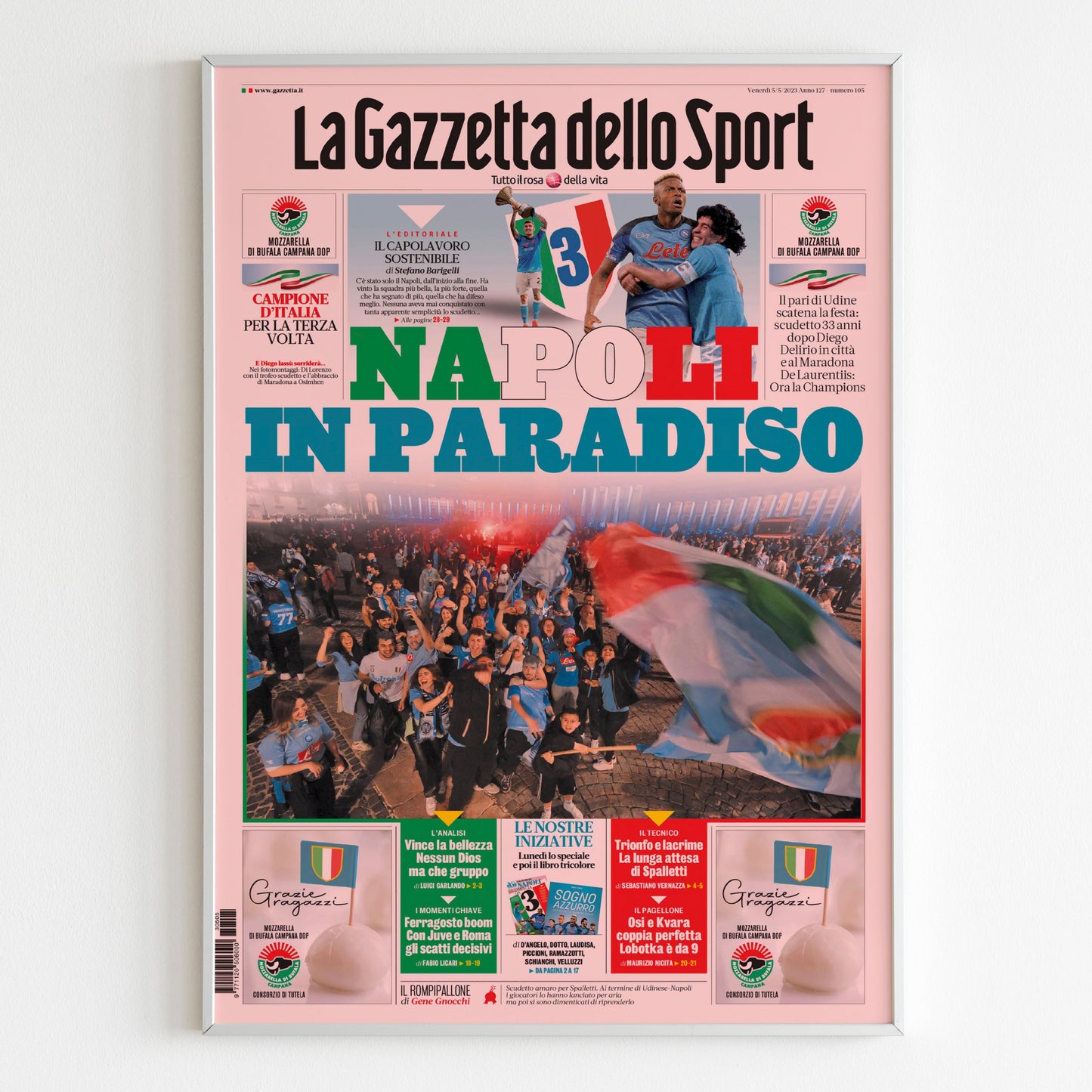 Napoli 2022 / 2023 Seria A Champions Newspaper Front Cover Poster, Football Club Print, Magazine Front Page Minimalistic Wall Poster