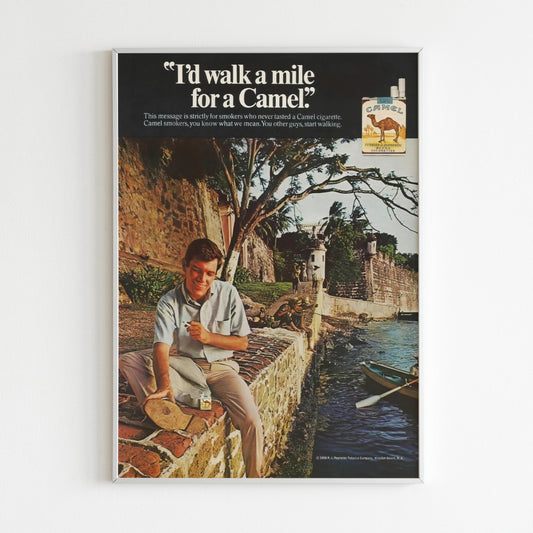 Camel "I'd Walk A Mile" Advertising Poster, Cigarettes 1969 Collection Ad Wall Art, Vintage Advertisement, 60s Style Print, Retro Magazine