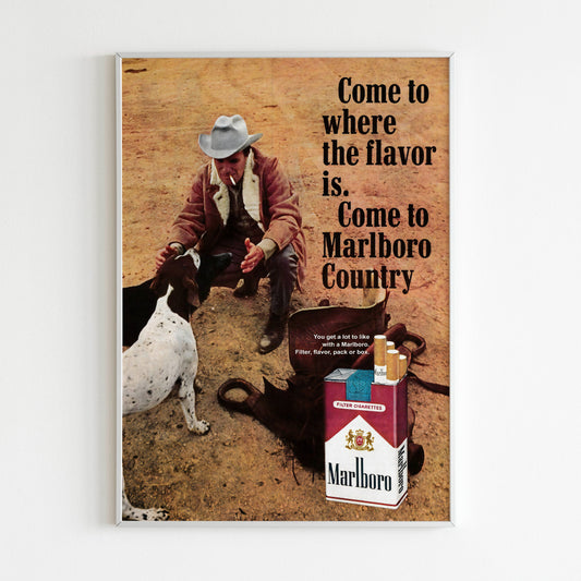 Marlboro Advertising Poster, Retro Magazine Vintage Design Advertisement, Cigarettes Collection Ad Wall Art, Cowboy Dog 80s Style Print