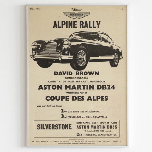 Aston Martin Alpine Rally 1956 Advertising Poster, 50s Style Print, Vintage Design, Racing Ad Wall Art, Magazine Retro Advertisement