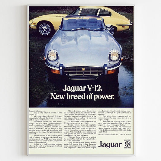 Jaguar V12 Advertising Poster, 70s Style Luxury Auto Print, Vintage Design, Ad Wall Art, Magazine Retro Advertisement