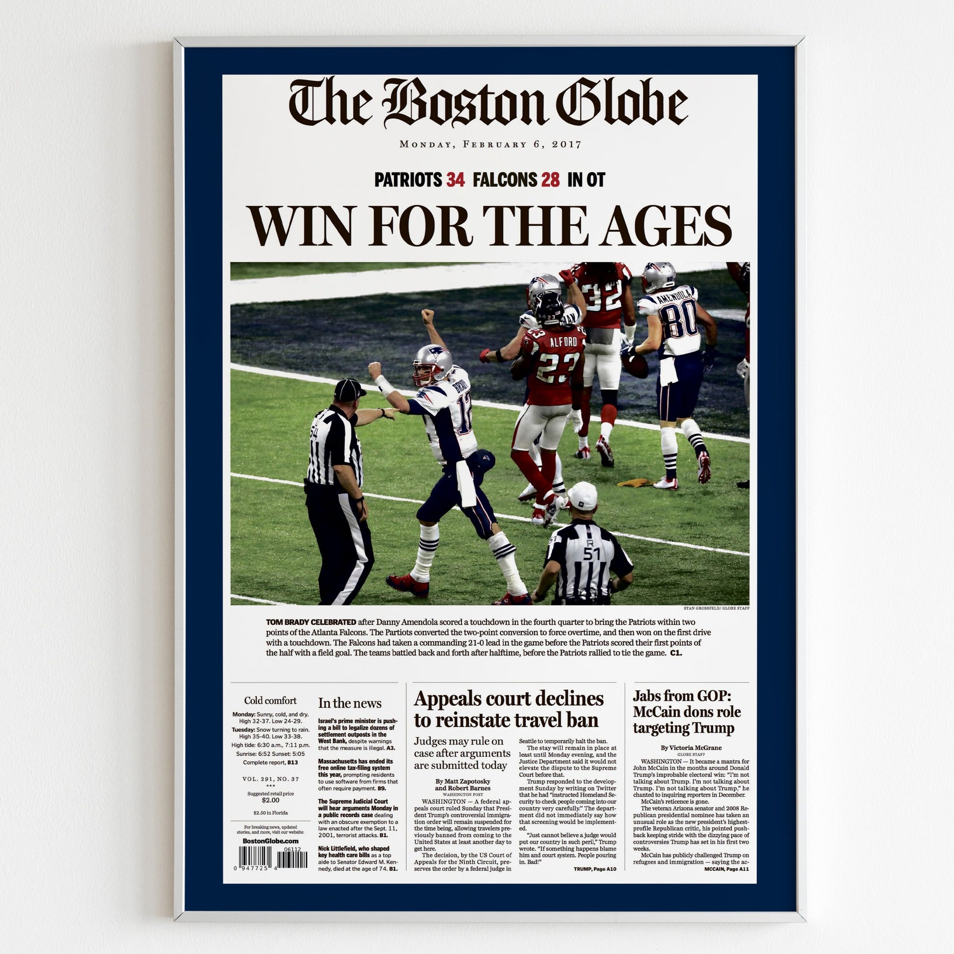 New England Patriots 2017 Super Bowl NFL Champions Front Cover The Boston Globe Newspaper Poster, Football Team Print, Magazine Page Poster