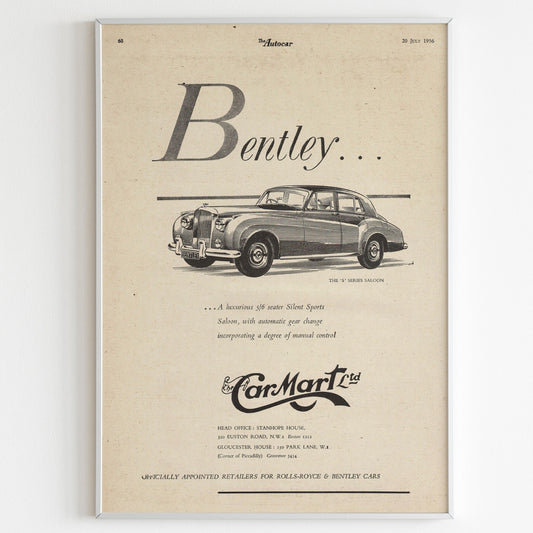Bentley S Series 1956 Advertising Poster, 50s Style Print, Vintage Design, Ad Wall Art, Magazine Retro Advertisement
