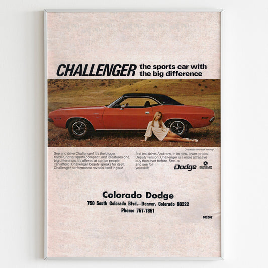 Dodge Challenger Advertising Poster, Muscle Car 70s Style Print, Vintage Design, Racing Ad Wall Art, Magazine Retro Advertisement