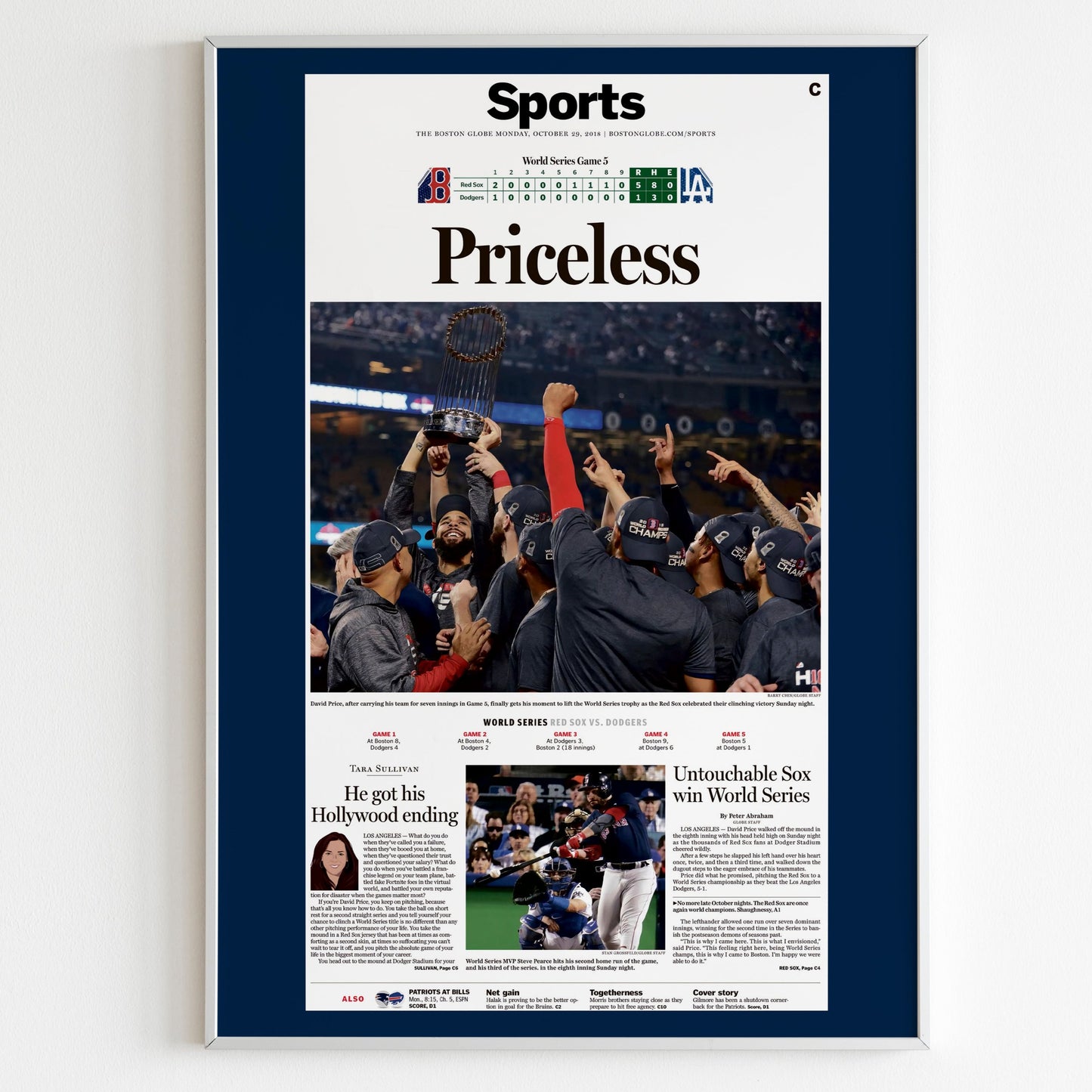 Boston Red Sox 2018 World Series MLB Champions Front Cover The Boston Globe Newspaper Poster, Baseball Team Print, Magazine Page Wall Poster