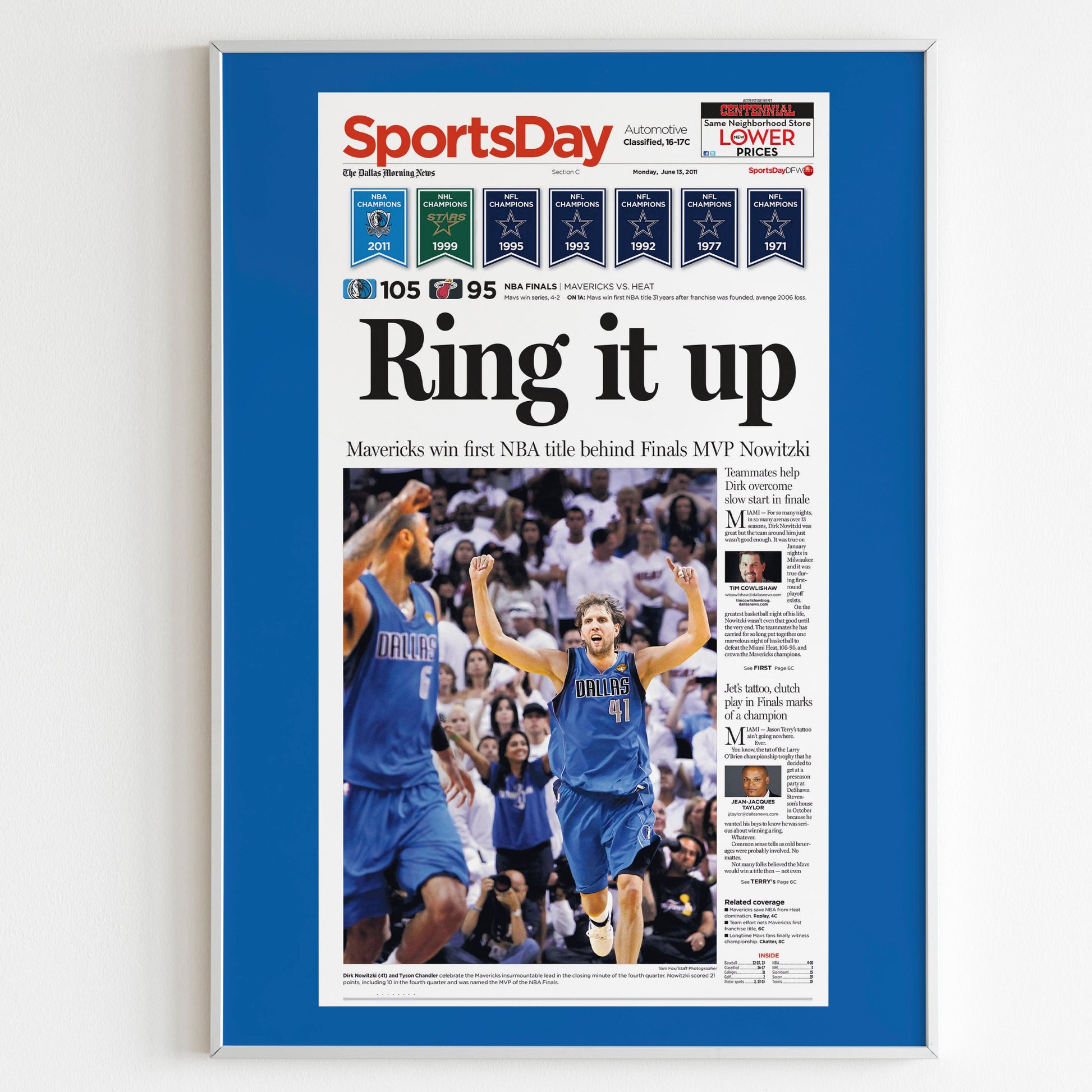 Dallas Mavericks 2011 NBA Champions Front Cover The Dallas Morning News Newspaper Poster, Basketball Print, Magazine Front Page
