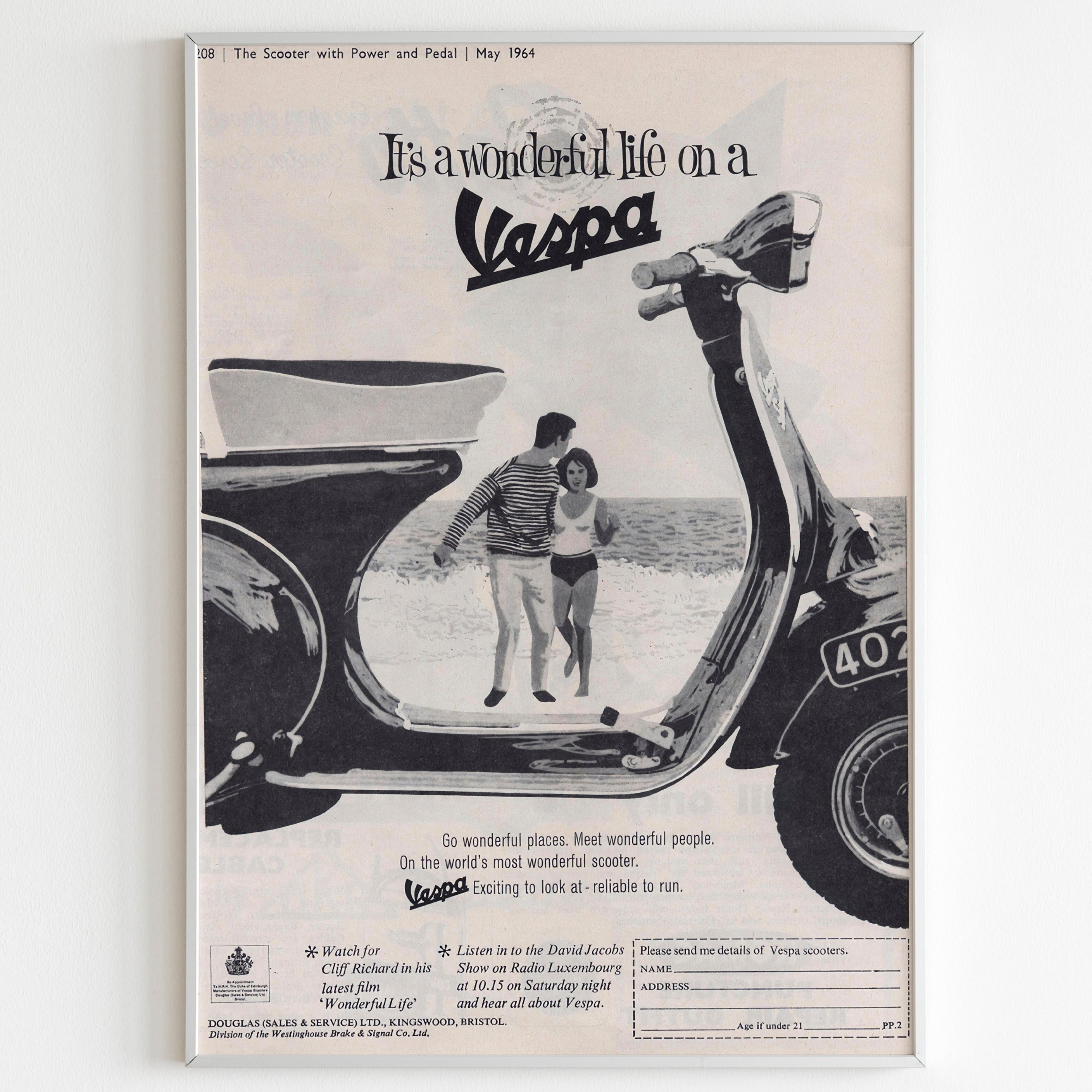 Vintage 1954 Vespa Advertising Poster – A4 Reproduction Print UK