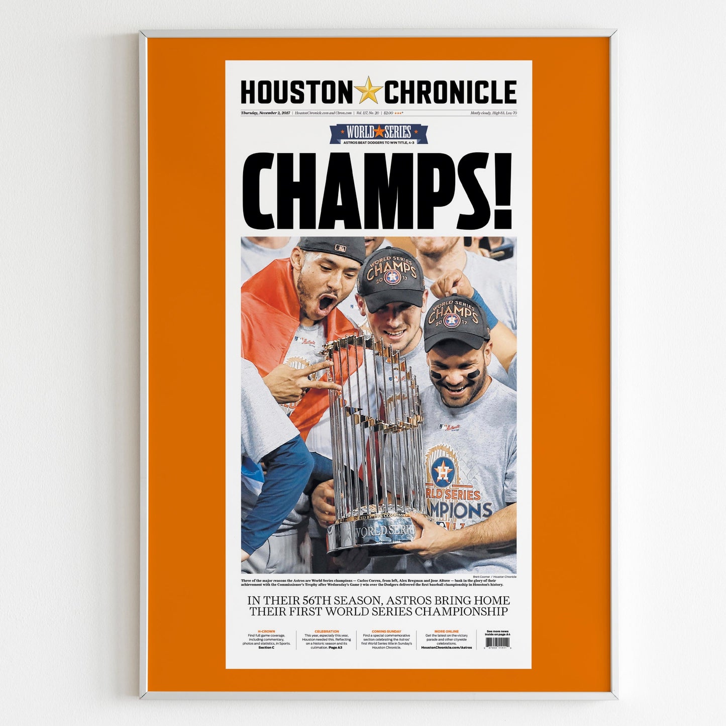 Houston Astros 2017 World Series MLB Champions Front Cover Houston Chronicle Newspaper Poster, Baseball Team Print, Minimalistic Wall Poster