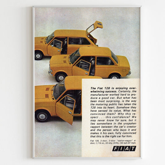 Fiat 128 Advertising Poster, 70s Style Print, Vintage Design, Racing Ad Wall Art, Magazine Retro Advertisement
